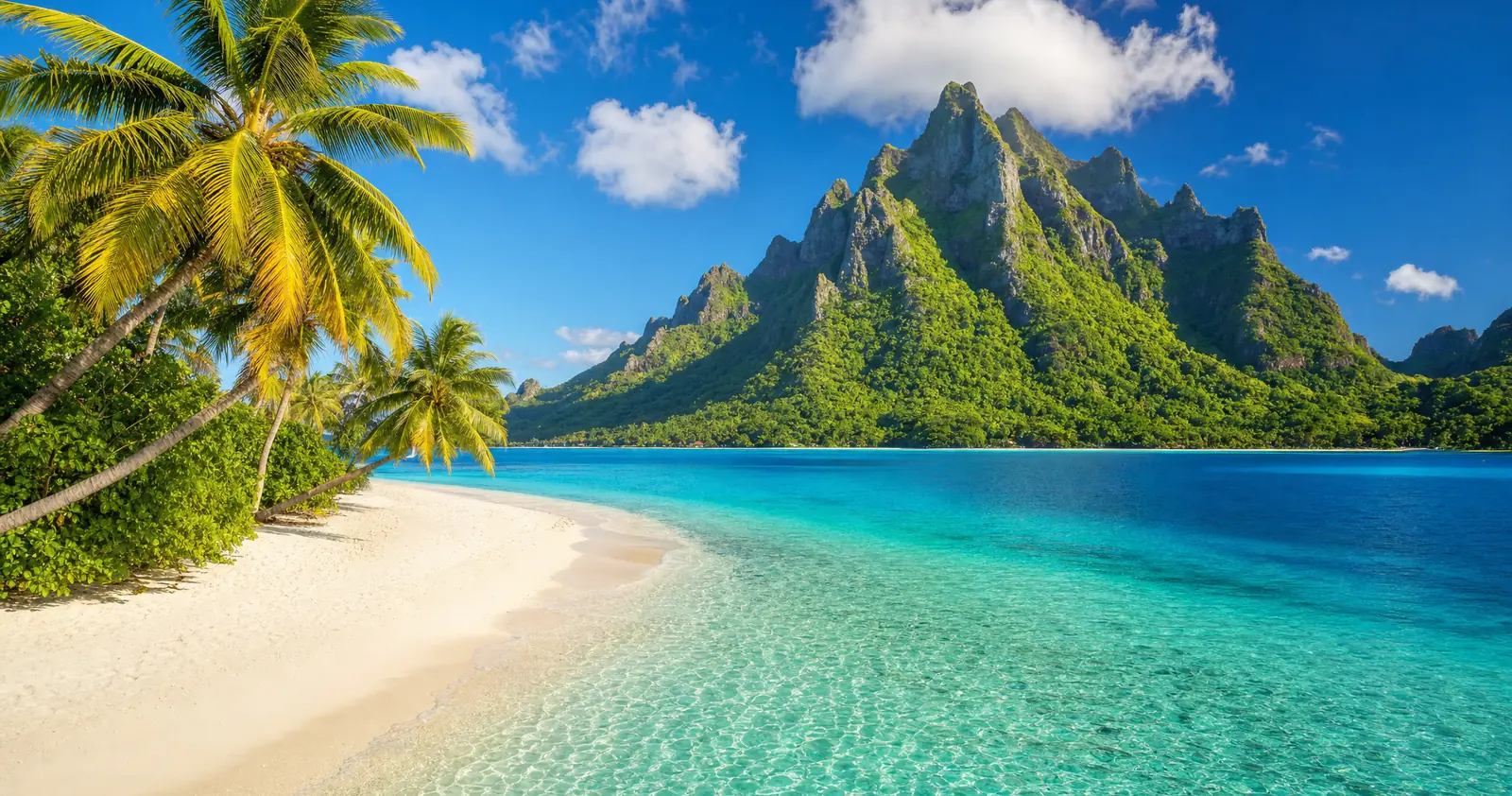 Palmenstrand mit türkisfarbener Lagune und bewaldeten Bergen auf Tahiti, Französisch-Polynesien